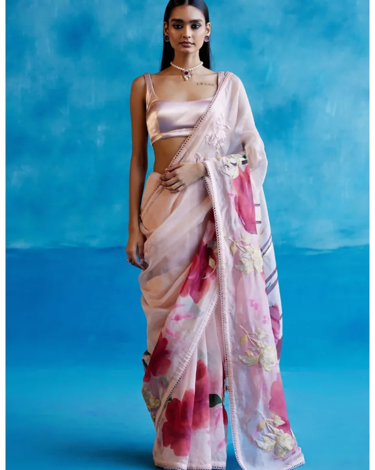 Blush Pink And Red Silk Organza Hand-Painted Embroidered Sari