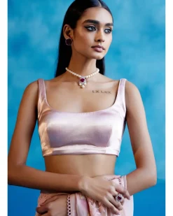 Blush Pink And Red Silk Organza Hand-Painted Embroidered Sari