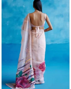 Blush Pink And Red Silk Organza Hand-Painted Embroidered Sari