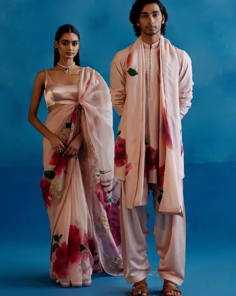 Blush Pink And Red Silk Organza Hand-Painted Embroidered Sari