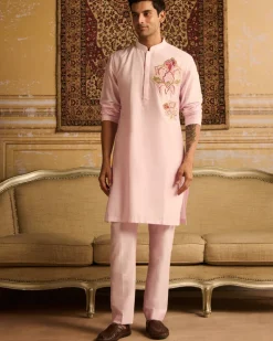 Blush Pink Big Floral Embroidered Kurta With Blush Pink Pants