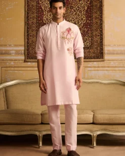 Blush Pink Big Floral Embroidered Kurta With Blush Pink Pants