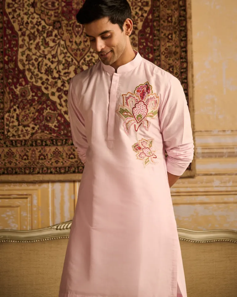 Blush Pink Big Floral Embroidered Kurta With Blush Pink Pants
