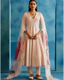 Blush Pink Cotton Silk Blend Hand-Painted Anarkali Set