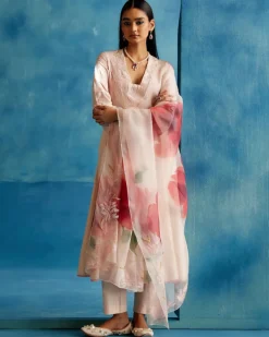 Blush Pink Cotton Silk Blend Hand-Painted Anarkali Set