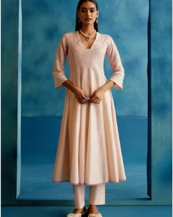 Blush Pink Cotton Silk Blend Hand-Painted Anarkali Set