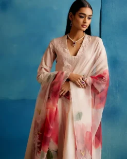 Blush Pink Cotton Silk Blend Hand-Painted Anarkali Set