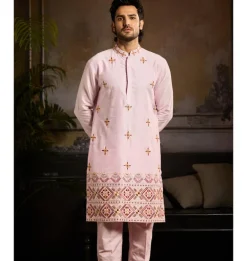 Blush Pink Cutdana & Thread Mix Trible Embroidered Kurta Paired With Blush Pink Pants