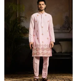 Blush Pink Cutdana & Thread Mix Trible Embroidered Kurta Paired With Blush Pink Pants