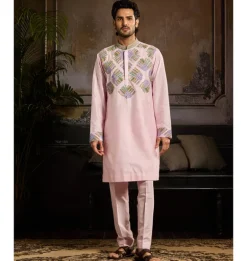 Blush Pink Cutdana & Zari Fan Butta Embroidered Kurta Paired With Blush Pink Pants