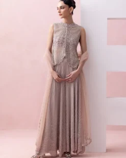 Blush Pink Scalloped Jacket With Grid Work Sharara Set