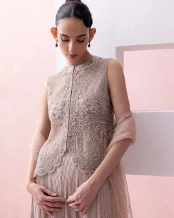 Blush Pink Scalloped Jacket With Grid Work Sharara Set