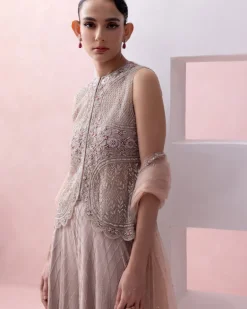 Blush Pink Scalloped Jacket With Grid Work Sharara Set