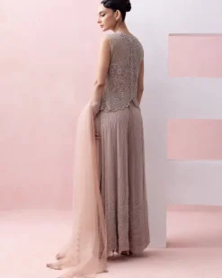 Blush Pink Scalloped Jacket With Grid Work Sharara Set