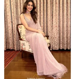 Blush Pink Sequins and Mirrorwork Sari Set