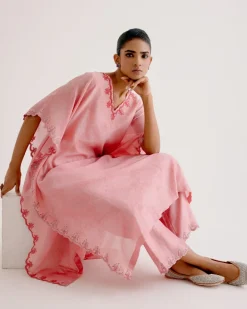 Blush Pink Silk Chanderi Dori Embroidered Kaftan Set