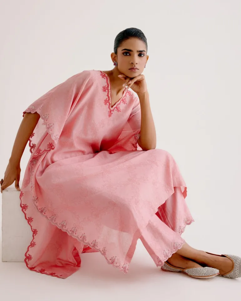 Blush Pink Silk Chanderi Dori Embroidered Kaftan Set