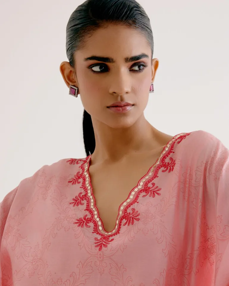 Blush Pink Silk Chanderi Dori Embroidered Kaftan Set