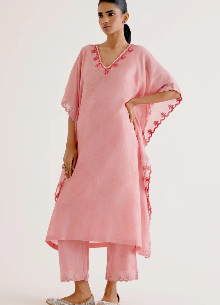 Blush Pink Silk Chanderi Dori Embroidered Kaftan Set