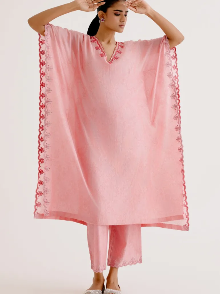 Blush Pink Silk Chanderi Dori Embroidered Kaftan Set