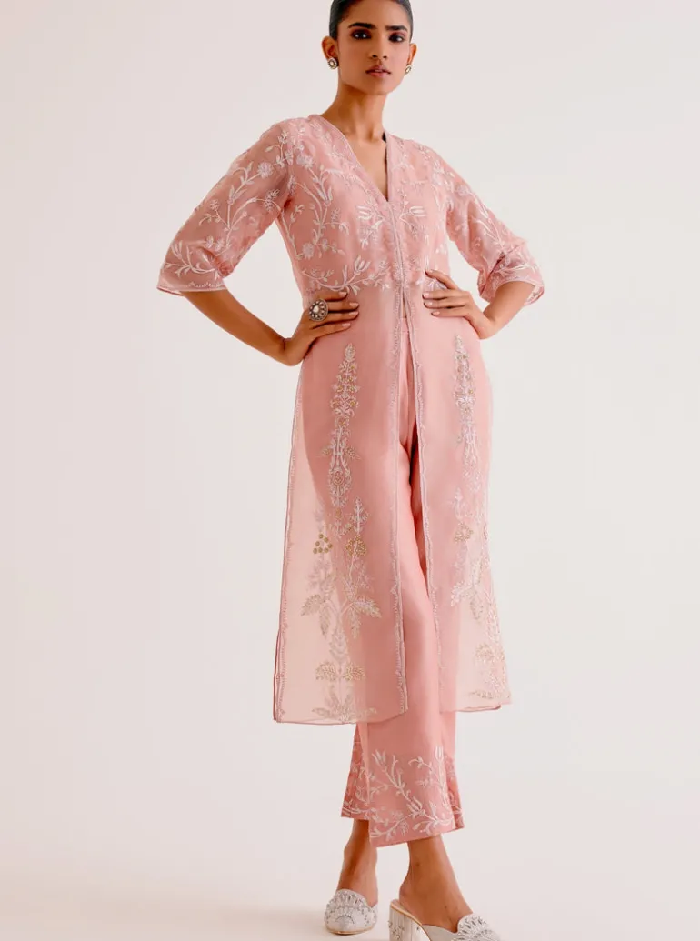 Blush Pink Silk Organza Embroidered Kurta Set
