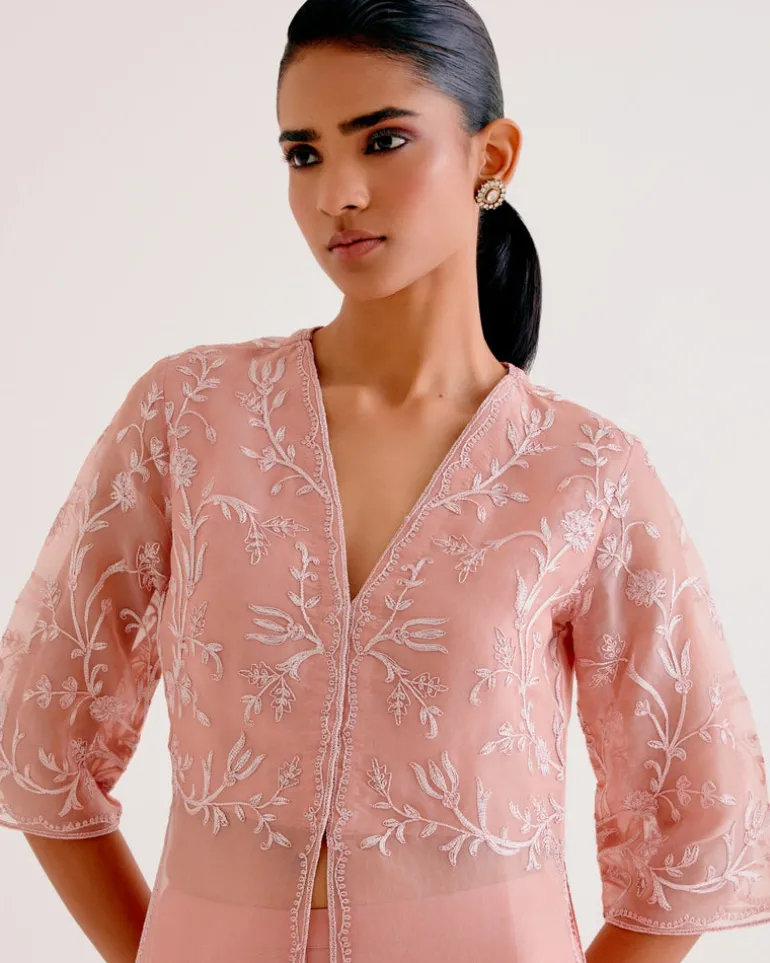 Blush Pink Silk Organza Embroidered Kurta Set