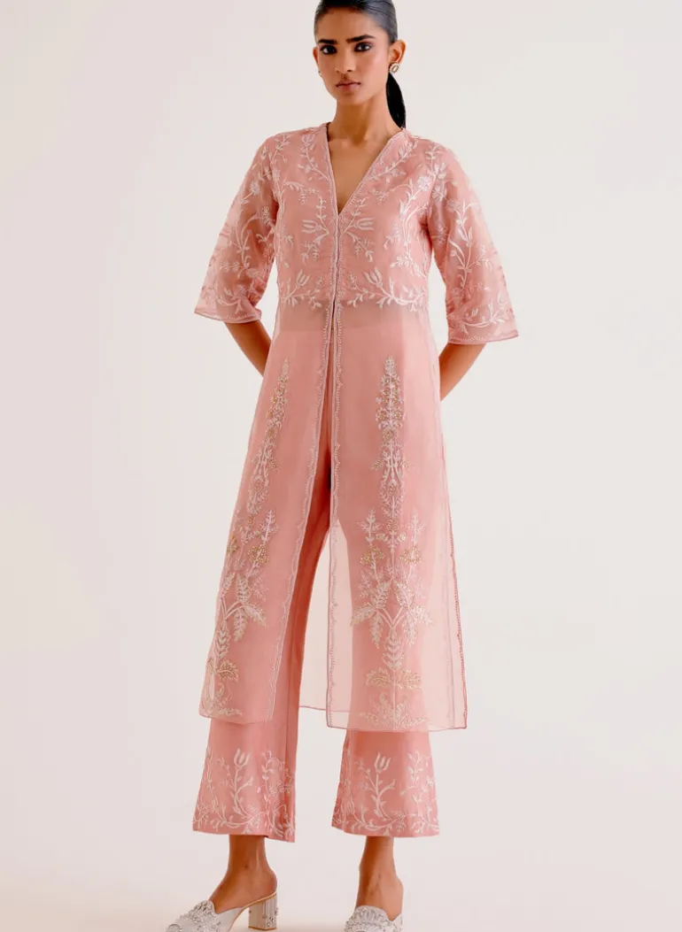 Blush Pink Silk Organza Embroidered Kurta Set