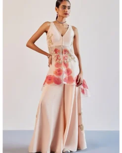 Blush Pink Silk Organza Hand-Painted Embroidered Sharara Set