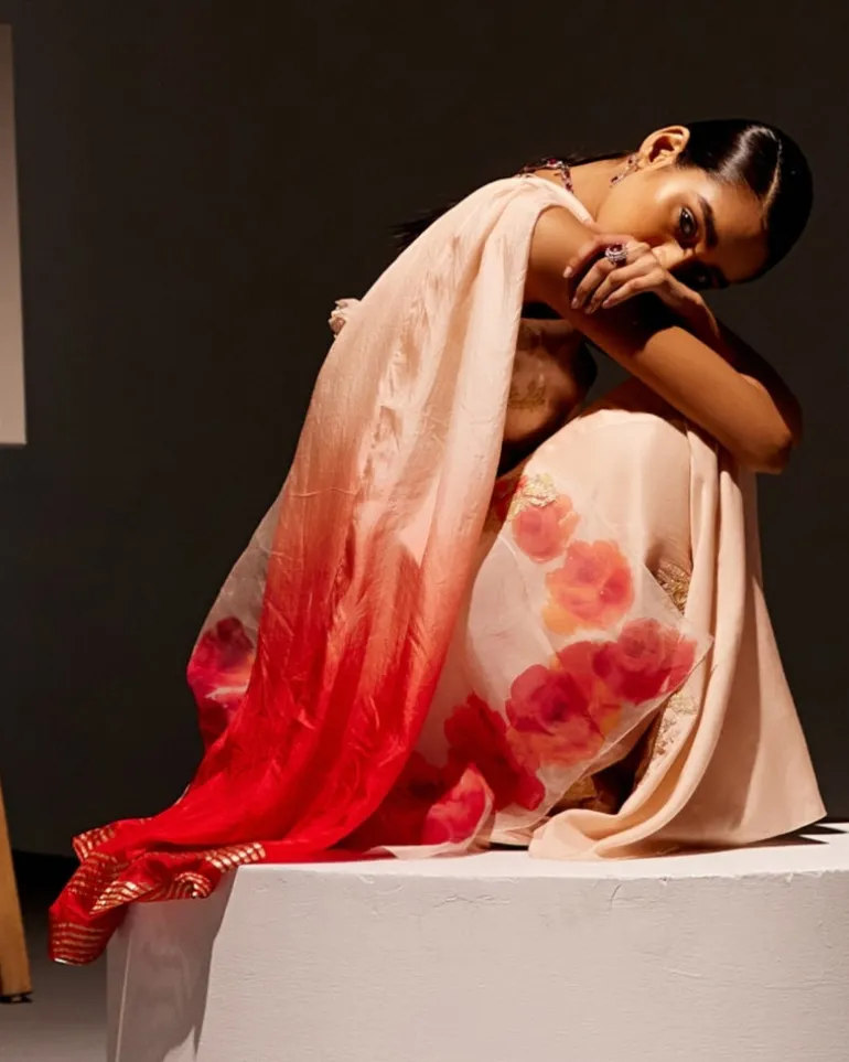 Blush Pink Silk Organza Hand-Painted Embroidered Sharara Set