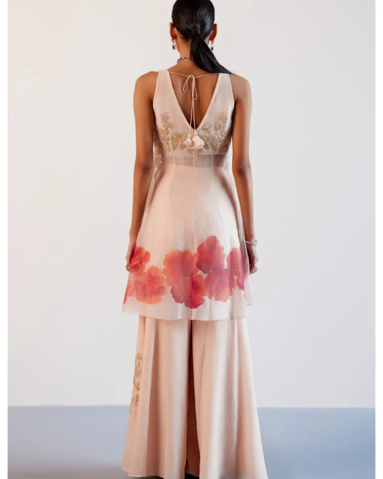Blush Pink Silk Organza Hand-Painted Embroidered Sharara Set