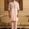 Blush Pink With Thread & Cutana Mix Floral & Geometric Embroidered Kurta With Blush Pink Pants
