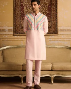 Blush Pink With Thread & Cutana Mix Floral & Geometric Embroidered Kurta With Blush Pink Pants