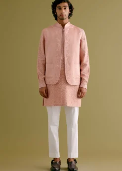 Blush Pink Woven Kurta Set With Dori Embroidered Bandi