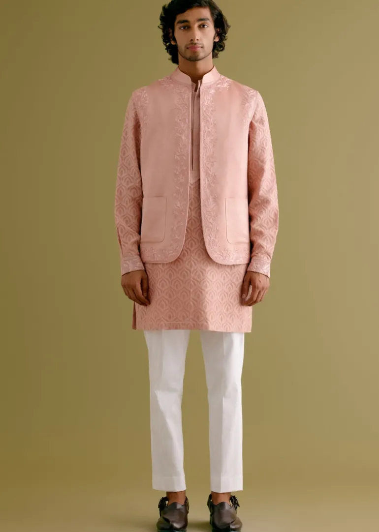 Blush Pink Woven Kurta Set With Dori Embroidered Bandi
