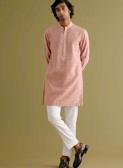 Blush Pink Woven Kurta Set With Dori Embroidered Bandi