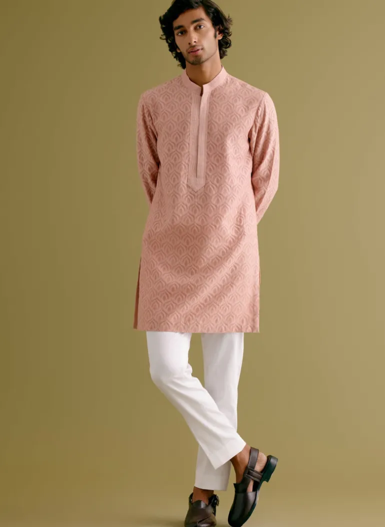 Blush Pink Woven Kurta Set With Dori Embroidered Bandi