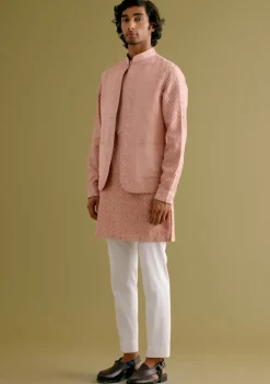 Blush Pink Woven Kurta Set With Dori Embroidered Bandi