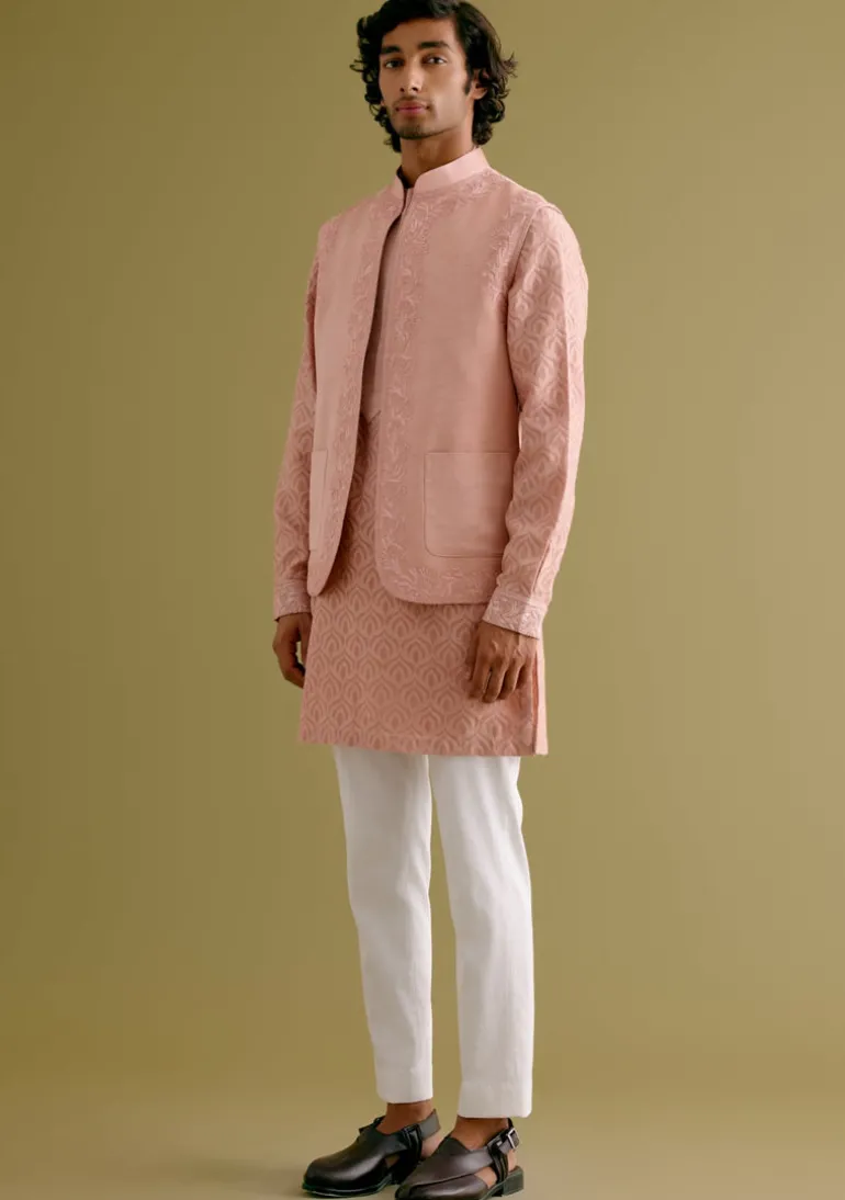 Blush Pink Woven Kurta Set With Dori Embroidered Bandi