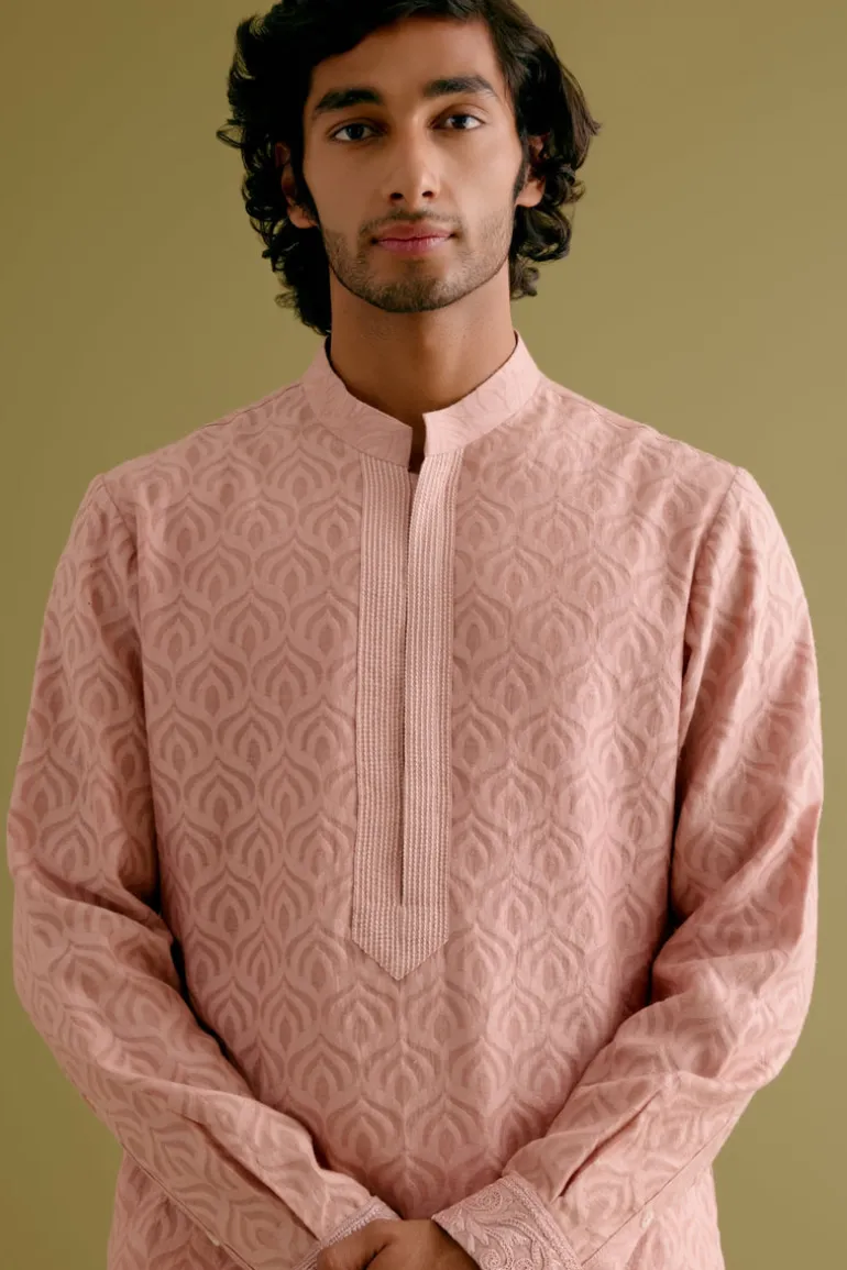 Blush Pink Woven Kurta Set With Dori Embroidered Bandi