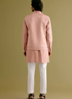 Blush Pink Woven Kurta Set With Dori Embroidered Bandi