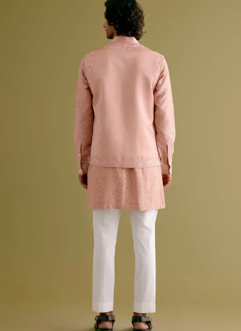 Blush Pink Woven Kurta Set With Dori Embroidered Bandi