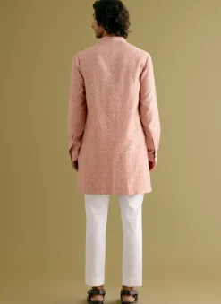 Blush Pink Woven Kurta Set With Dori Embroidered Bandi