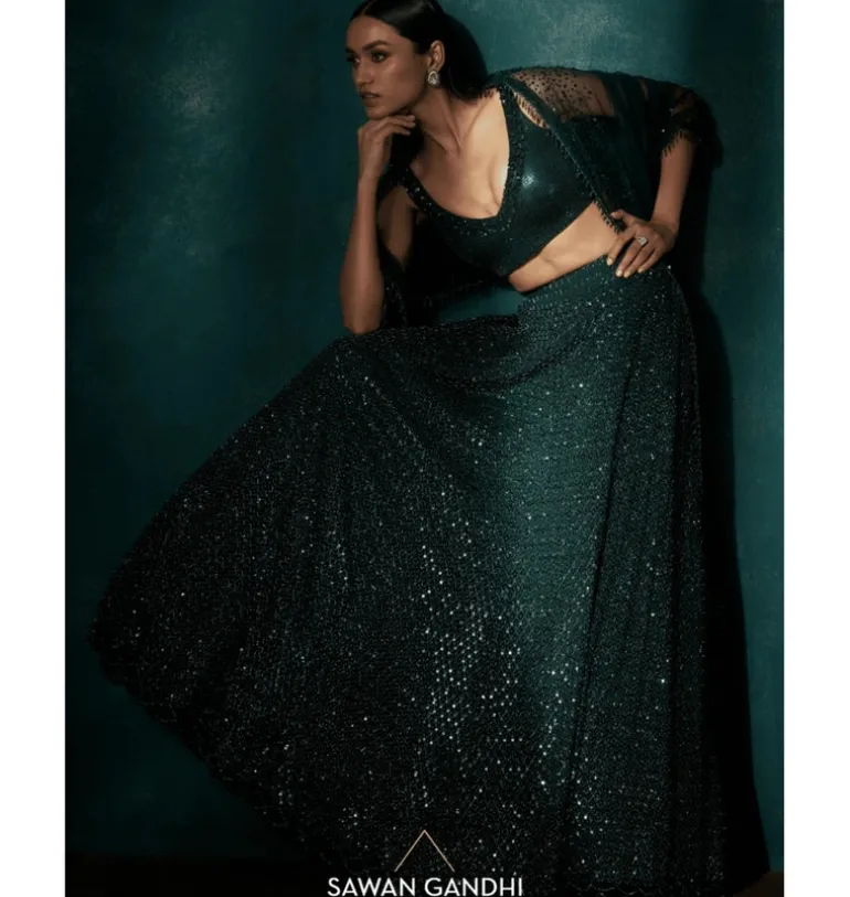 Bottle Green Cutdana Sequins Lehenga Set
