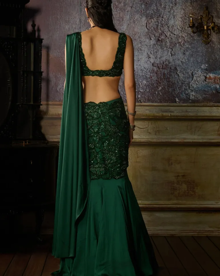 Bottle Green Embroidered Mermaid Sari Set