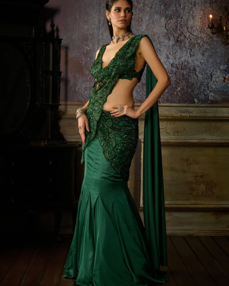 Bottle Green Embroidered Mermaid Sari Set