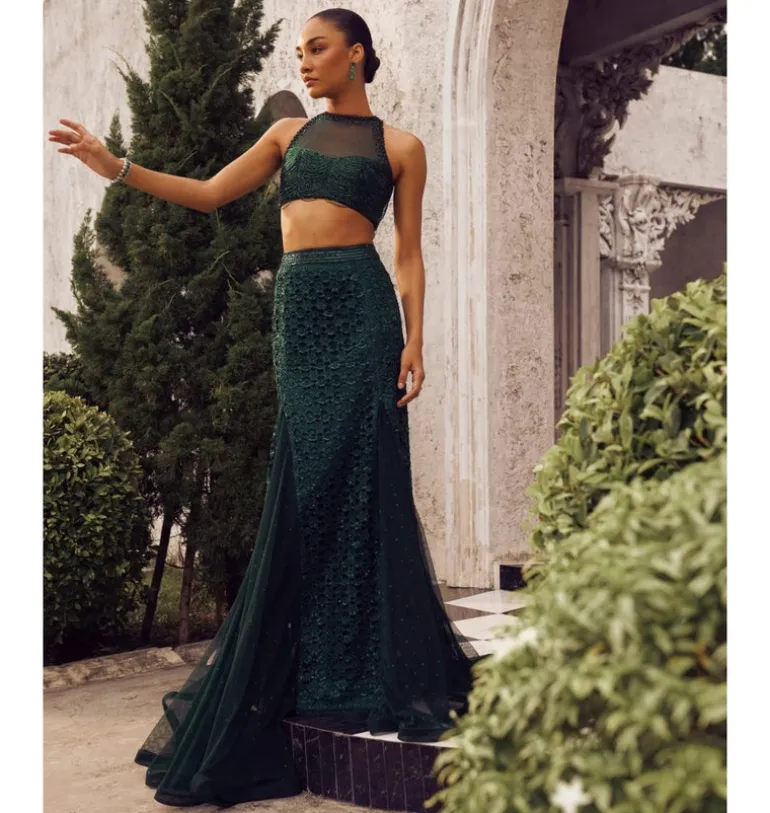 Bottle Green Fishcut Cutwork Lehenga Set