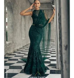 Bottle Green Fishcut Pre-Drape Sari Set