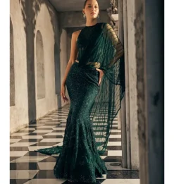 Bottle Green Fishcut Pre-Drape Sari Set