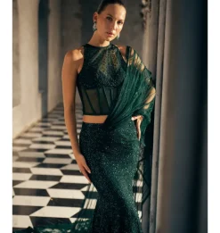 Bottle Green Fishcut Pre-Drape Sari Set