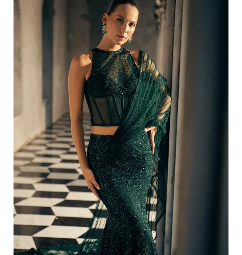 Bottle Green Fishcut Pre-Drape Sari Set